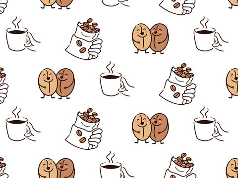 Cartoon illustration of smiling coffee beans and cups with steaming beverages, creating a playful pattern suitable for various design applications