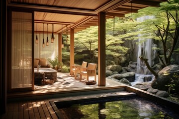 Fototapeta premium Modern japanese architecture seamlessly blends an elegant spa interior with a calming lush garden and waterfall