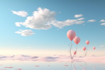 Fototapeta premium Pink balloons floating above a reflective surface in a whimsical desert scene at sunrise