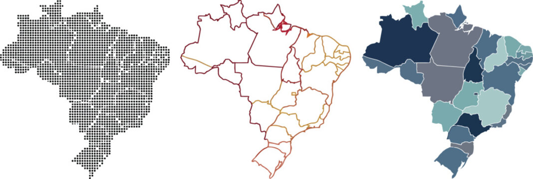 Brazil map vector set featuring dotted pattern outline shape and colored regional borders for modern graphic design business infographics