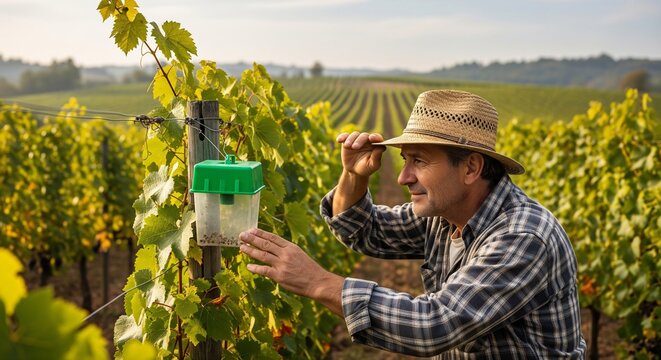 Dedicated Vintner Inspecting Pheromone Trap in Lush Grape Vineyard for Pest Management