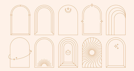 Boho line arch frames. Geometric minimalist doors and windows with mystic celestial simple elements, esoteric modern borders with simple magic arcs. Vector outline set © Studio Cantath