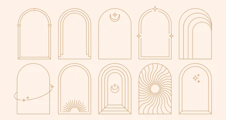 Boho line arch frames. Geometric minimalist doors and windows with mystic celestial simple elements, esoteric modern borders with simple magic arcs. Vector outline set © Studio Cantath