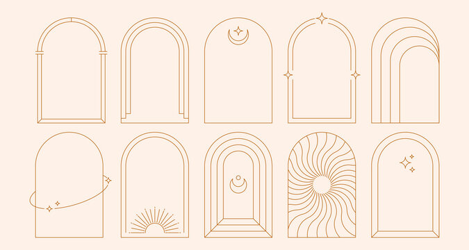 Boho line arch frames. Geometric minimalist doors and windows with mystic celestial simple elements, esoteric modern borders with simple magic arcs. Vector outline set