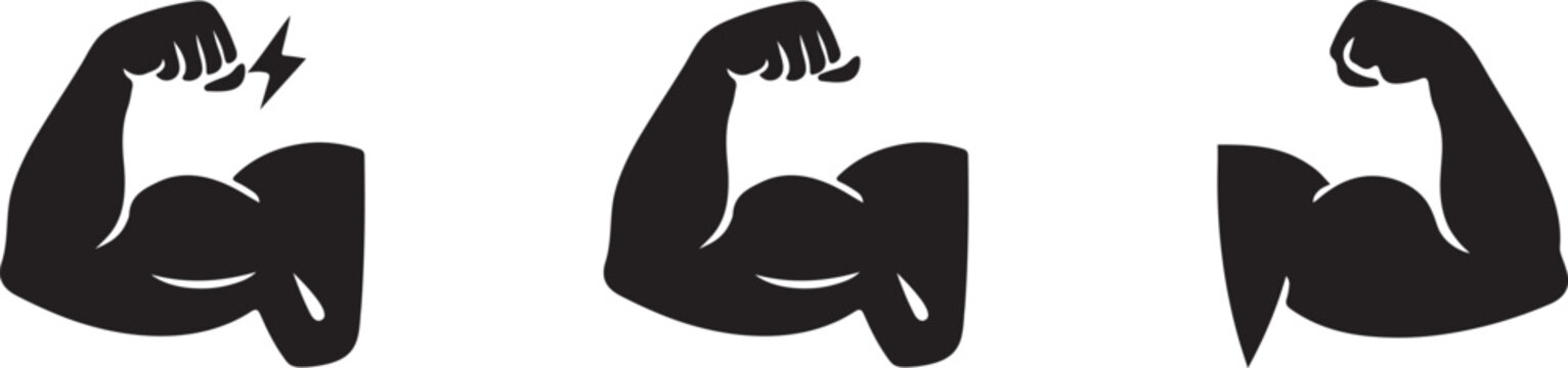 Strong muscle icon silhouette vector, flexed arm black shape on white.