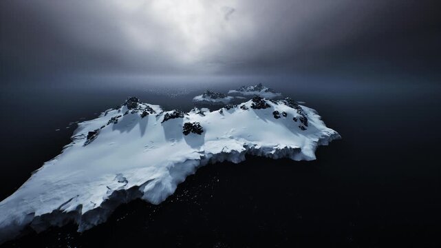Aerial snowy promontory beneath cinematic sky, sweeping viewpoint captures textured ice edge, scattered moraines and dark sea for dramatic landscape and travel