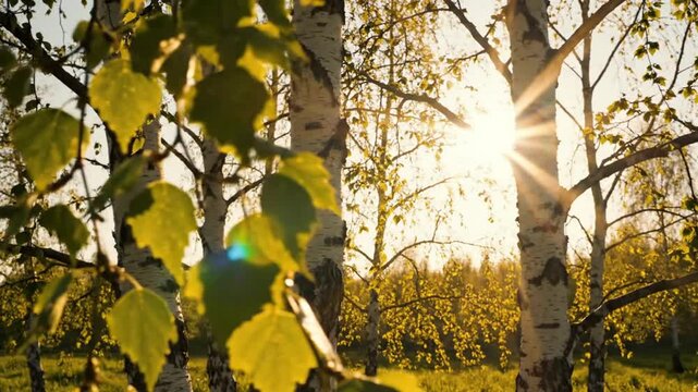 Sunlight streams through birch trees, showcasing nature's serene springtime beauty