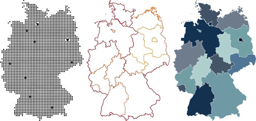 Obraz premium Germany map vector set showing detailed national borders regional states dotted geography and administrative outline graphic design collection elements