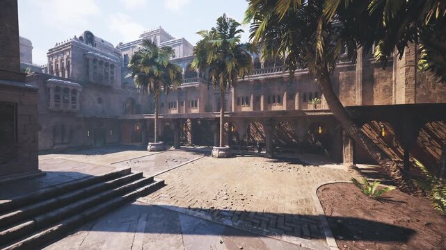 bright market courtyard with palm shade. Sunlit arcade and sandstone facades frame quiet lanes and closed shutters, dappled light creating dramatic shadows