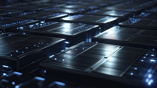Server racks with blue glowing lights creating a modern network environment, symbolizing technology, cloud computing, and advanced data processing capabilities