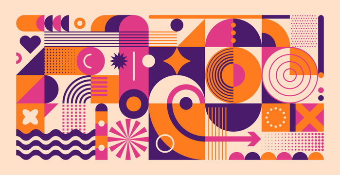 Colorful abstract geometric pattern with bold shapes, retro style, and dynamic composition. Vector illustration.