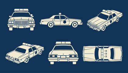 Classic patrol car vector illustration collection featuring front side rear and top views on terracotta background © 777SKYLABS