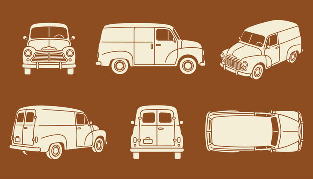 Vintage Delivery Van Vector Illustration Set with Multiple Perspective Views