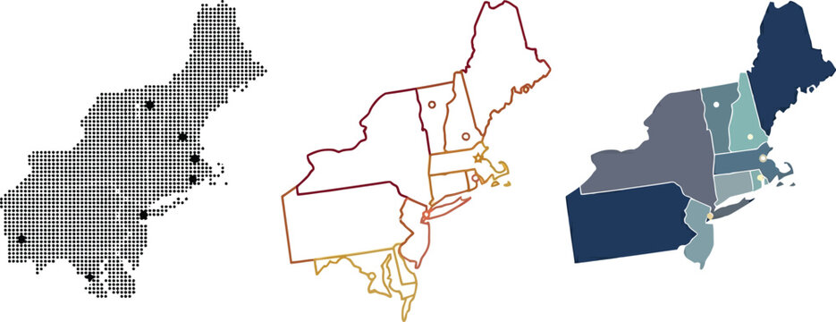 Northeast map illustration featuring three different styles including dotted point pattern outlined borders and flat colored regional geographic shapes
