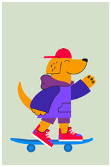 A flat vector illustration of a cute cartoon dog riding a skateboard. This bright, colorful design features crisp shapes and expressive contours, making it ideal for children's designs, posters, print