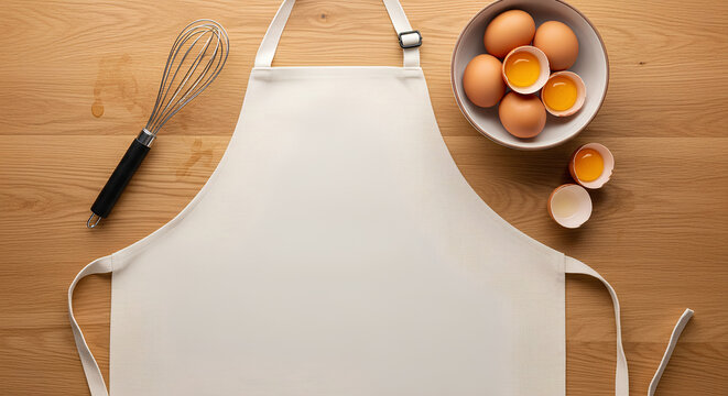 White Kitchen Apron Mockup with Baking Ingredients and Whisk on Wooden Background