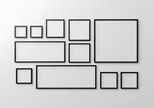 Collection of blank white picture frames on gray background