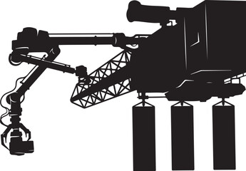 Naklejka premium Industrial robotic arm, mechanical claw, black silhouette, vector illustration, factory automation, robotics