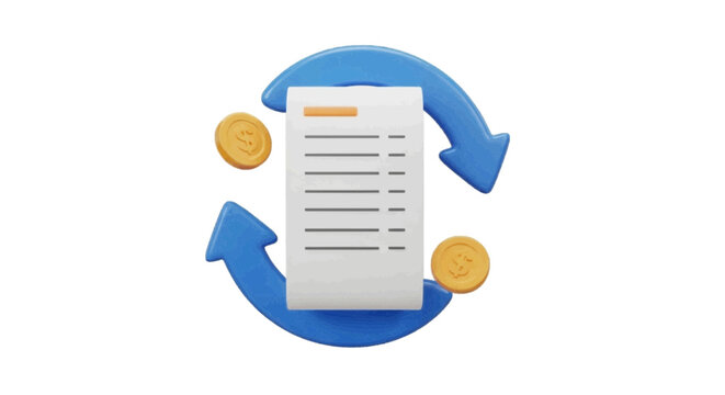 Vector illustration&nbsp;of 3d render of a document or invoice with circular arrows and gold coins on a transparent background
