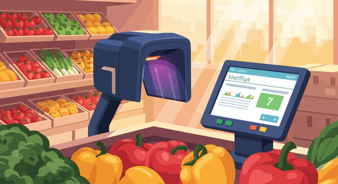 Cashless Payment Terminal at Grocery Store.