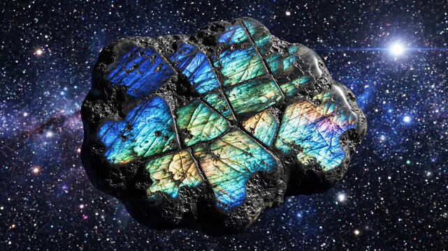 Labradorite Gemstone Floating in Cosmic Galaxy