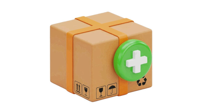 Vector illustration&nbsp;of 3d rendering of a cardboard delivery box with a green medical cross icon on a transparent background