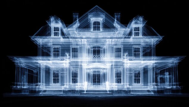 Transparent, X-ray-style illustration of a large, symmetrical two-story house on black