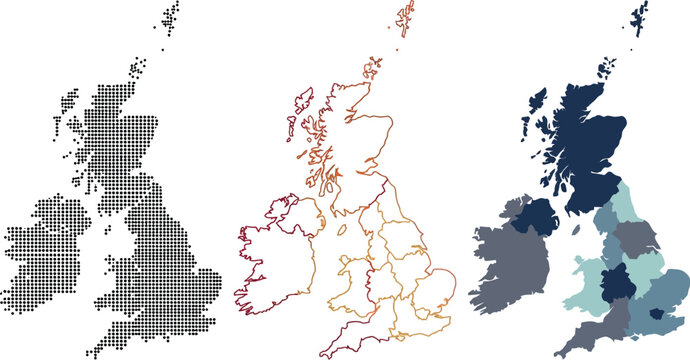 Collection of United Kingdom and Ireland vector maps in various graphic styles perfect for data visualization design projects.