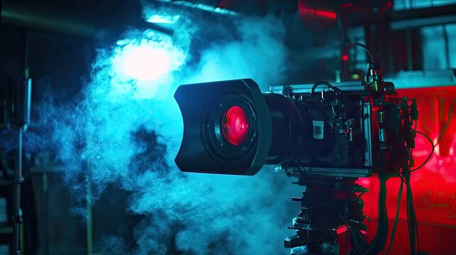 Professional video camera capturing footage with a vibrant red lens, surrounded by dramatic blue and red lighting and atmospheric smoke, creating a cinematic production environment
