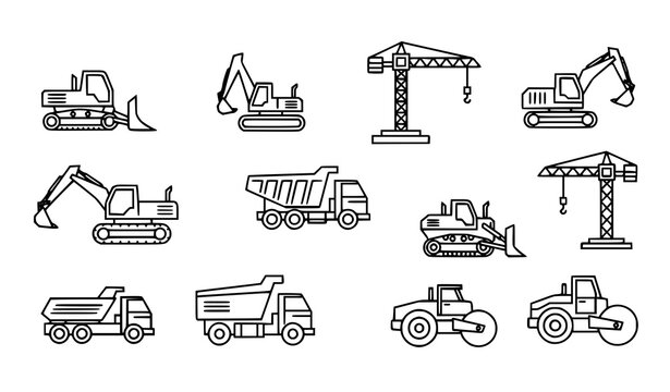Minimal construction vehicle outline icons heavy machinery vector illustration set