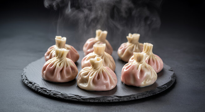 Steaming hot khinkali dumplings served on a round black slate plate against dark background