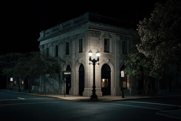 Fototapeta premium A classical architectural structure illuminated at night, streetlights reveal its details