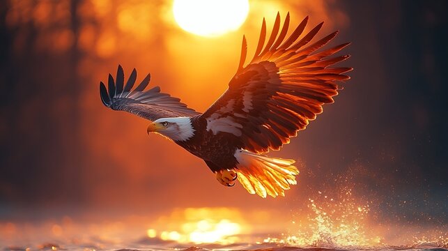 Majestic eagle soaring at sunrise