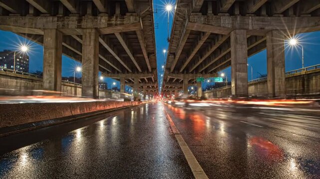 Low angle shot of urban highway underpass at night with streaks of car lights reflecting on wet road surface