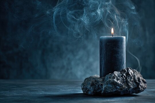 Lit charcoal candle on stone base emits wispy smoke against a moody, textured blue backdrop