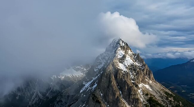Majestic mountain peak shrouded in mist and clouds offering breathtaking natural vista