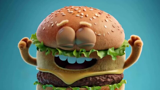 Funny animated burger character dances happily in a colorful background