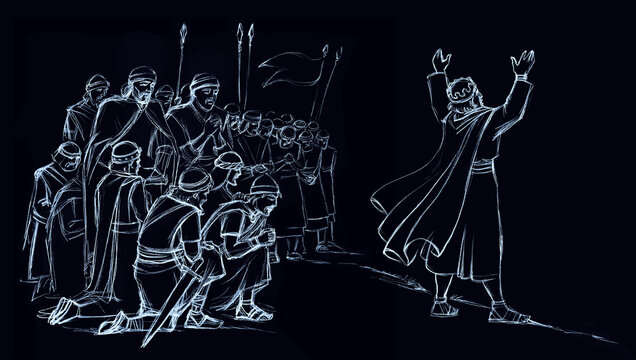 Pencil drawing. Warriors pray to God