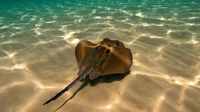 Stingray swimming in clear ocean water with sunlight rays