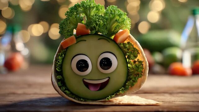 Enjoying a fun animated cucumber character wrapped in a tortilla with vegetables on a wooden table during a festive gathering