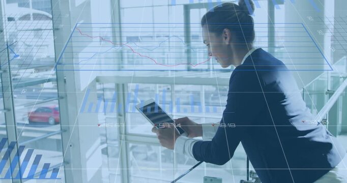 Animation of financial data and graphs over caucasian businesswoman using tablet