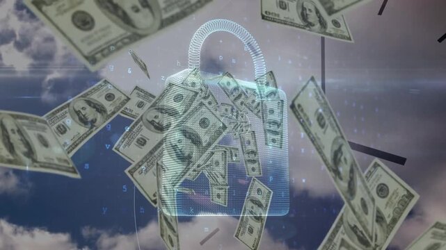 Animation of data processing over padlock and banknotes