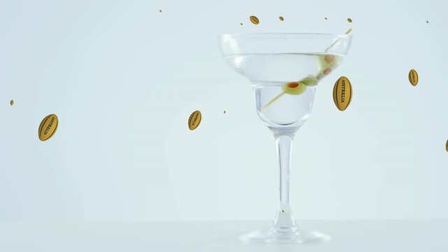 Animation of balls with australia falling over glass of martini on white background