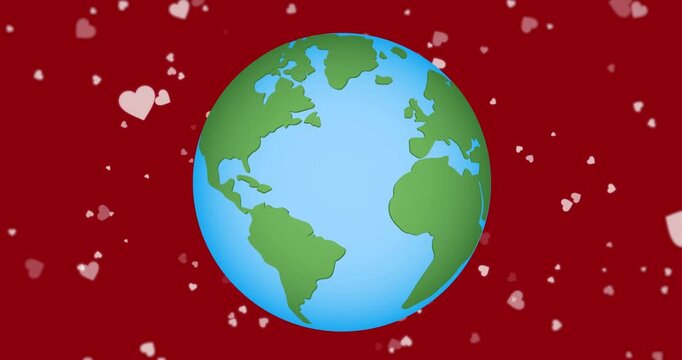 Animation of hearts floating over red background with globe