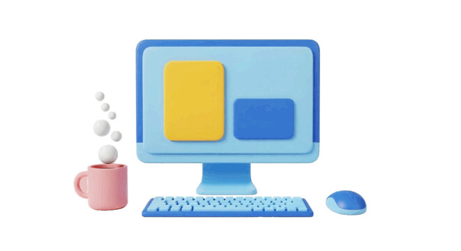 Vector illustration&nbsp;of 3d illustration of a computer setup with a coffee mug on a transparent background