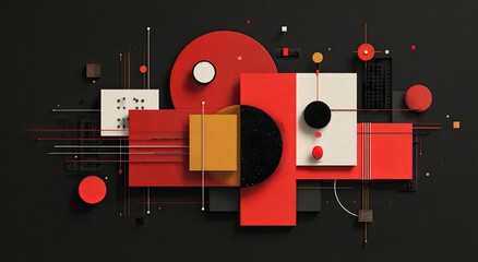 Obraz premium A geometric composition with red, yellow, black, and white shapes on a dark gray background