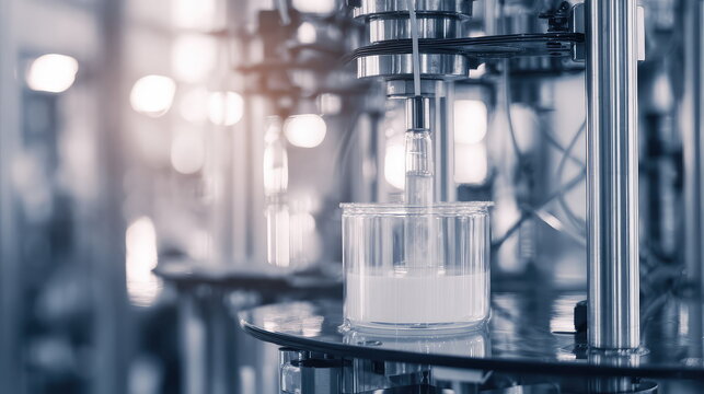 Automated laboratory machine precisely filling a clear container with a white chemical liquid. Indicating advanced research. Development. And control in various scientific and industrial applications