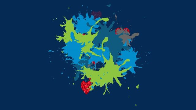 Animation of gold confetti falling over rotating purple waves on black background