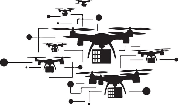 Drone, drone icons, black drone silhouettes, connected devices, network, communication