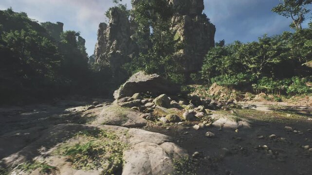 Epic karst panorama under vast blue sky with layered ridges and scattered boulders, dramatic scale and cinematic lighting create powerful mood, ideal